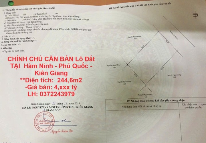 CHÍNH CHỦ CẦN BÁN Lô Đất TẠI  Hàm Ninh - Phú Quốc - Kiên Giang