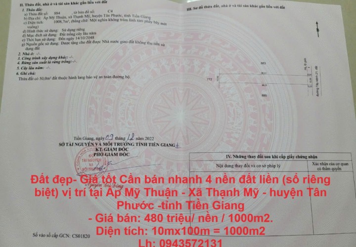 Đất đẹp- Giá tốt Cần bán nhanh 4 nền đất liền (sổ riêng biệt) vị trí tại huyện Tân Phước -Tiền Giang