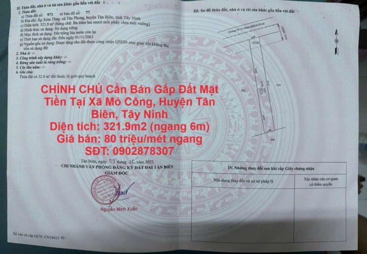 CHÍNH CHỦ Cần Bán Gấp Đất Mặt Tiền Tại Xã Mỏ Công, Huyện Tân Biên, Tây Ninh