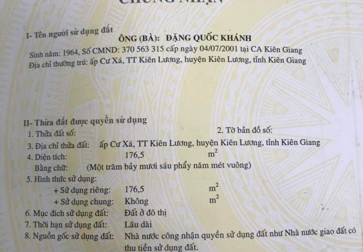 CHÍNH CHỦ Cần Bán Nhanh Căn Nhà Đẹp Tại Đường Mạc Thiên Tích, kp Cư Xá,TT  Kiên Lương, Kiên Giang