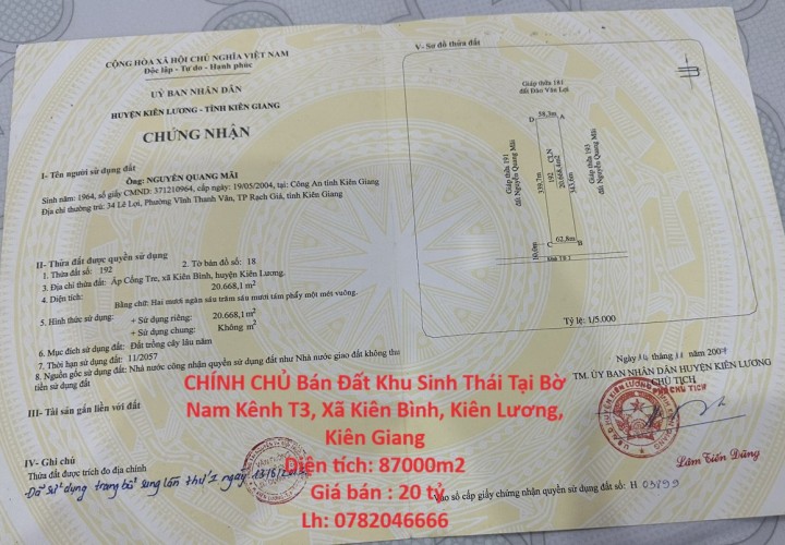 CHÍNH CHỦ Bán Đất Khu Sinh Thái Tại Bờ Nam Kênh T3, Xã Kiên Bình, Kiên Lương, Kiên Giang