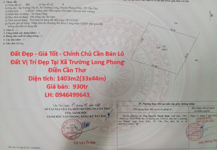 Đất Đẹp - Giá Tốt - Chính Chủ Cần Bán Lô Đất Vị Trí Đẹp Tại Xã Trường Long Phong Điền Cần Thơ