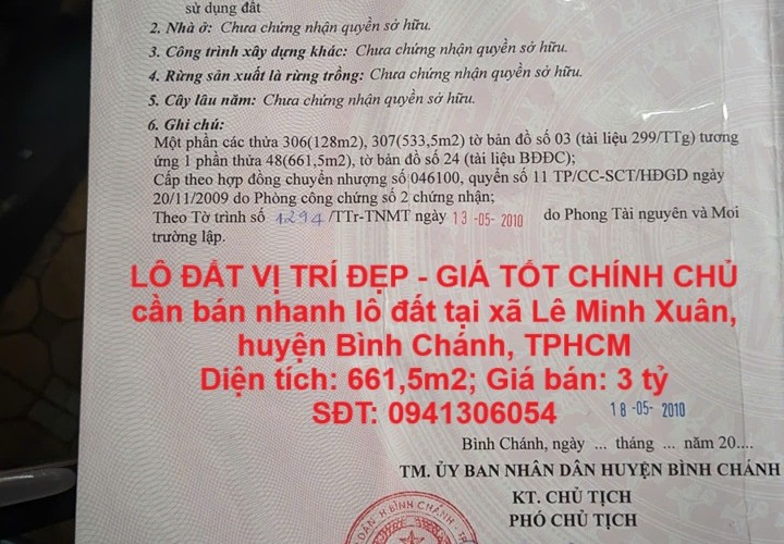 LÔ ĐẤT VỊ TRÍ ĐẸP - GIÁ TỐT CHÍNH CHỦ cần bán nhanh lô đất tại huyện Bình Chánh, TPHCM