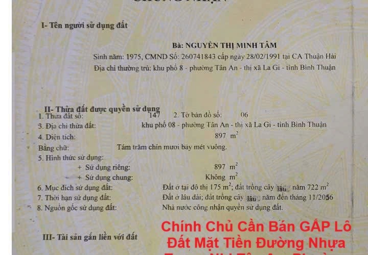 Chính Chủ Cần Bán GẤP Lô Đất Mặt Tiền Đường Nhựa Trưng Nhị Tân An, Phường La Gi, Lâm Đồng.