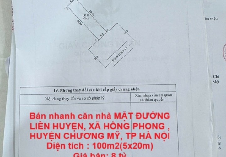 Nhà đẹp- giá ưu đãi chính chủ cần bán nhanh căn nhà MẶT ĐƯỜNG LIÊN HUYỆN ,CHƯƠNG MỸ, TP HÀ NỘI