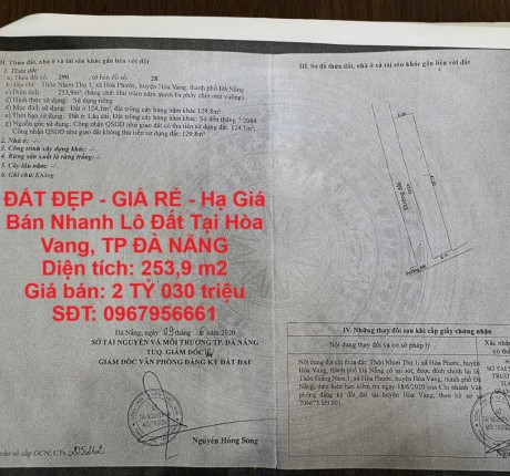 ĐẤT ĐẸP - GIÁ RẺ - Hạ Giá Bán Nhanh Lô Đất Tại Hòa Vang, TP ĐÀ NẴNG