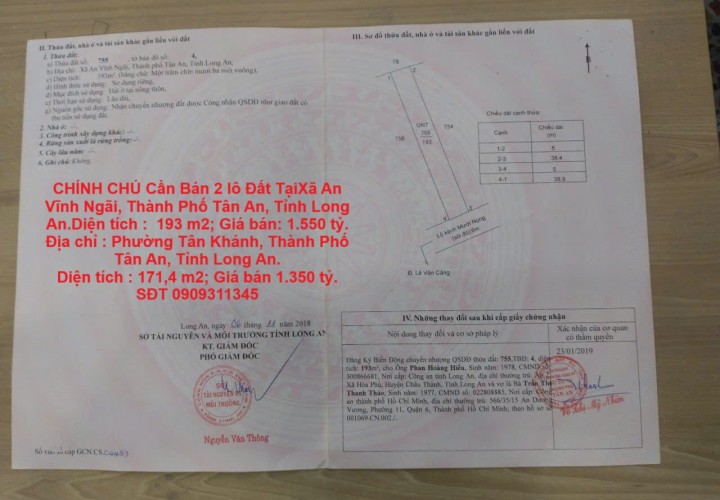 CHÍNH CHỦ Cần Bán 2 lô Đất Tại Xã An Vĩnh Ngãi Và Phường Tân Khánh, TP Tân An, Long An.