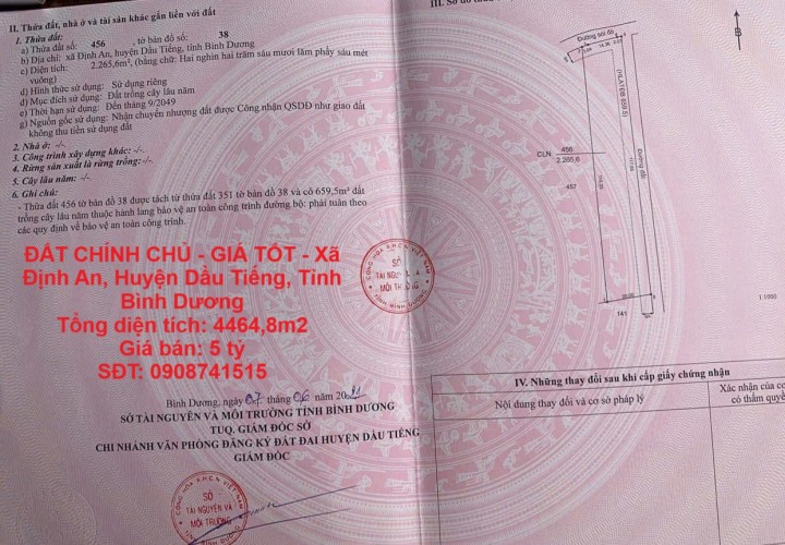 ĐẤT CHÍNH CHỦ - GIÁ TỐT - Xã Định An, Huyện Dầu Tiếng, Tỉnh Bình Dương