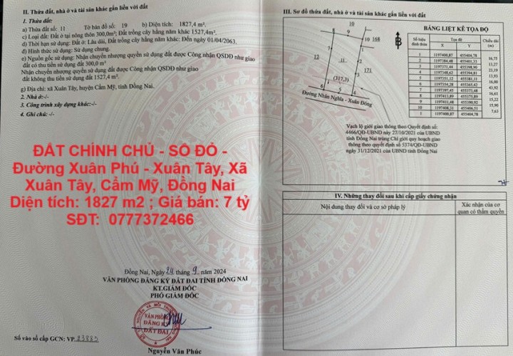 ĐẤT CHÍNH CHỦ - SỔ ĐỎ - Đường Xuân Phú - Xuân Tây, Xã Xuân Tây, Cẩm Mỹ, Đồng Nai