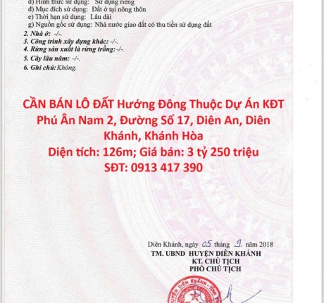 CẦN BÁN LÔ ĐẤT Hướng Đông Thuộc Dự Án KĐT Phú Ân Nam 2, Đường Số 17, Diên An, Diên Khánh, Khánh Hòa