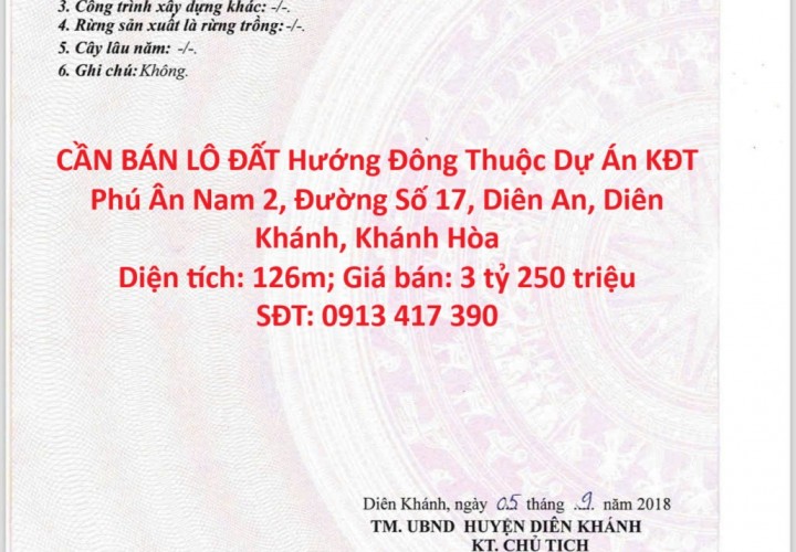 CẦN BÁN LÔ ĐẤT Hướng Đông Thuộc Dự Án KĐT  Phú Ân Nam 2, Đường Số 17, Diên An, Diên Khánh, Khánh Hòa
