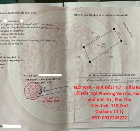 ĐẤT ĐẸP – GIÁ ĐẦU TƯ - CẦN BÁN LÔ ĐẤT TẠI Phường Vân Cơ,Thành phố Việt Trì , Phú Thọ