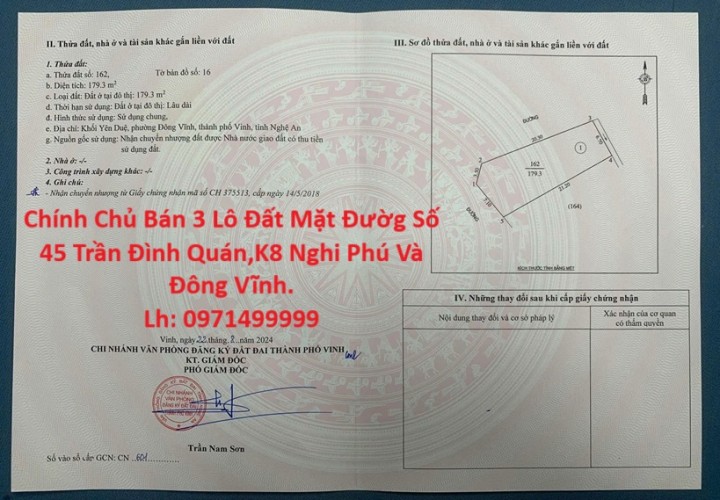 Chính Chủ Bán 3 Lô Đất Mặt Đườg Số 45 Trần Đình Quán,K8 Nghi Phú Và Đông Vĩnh.