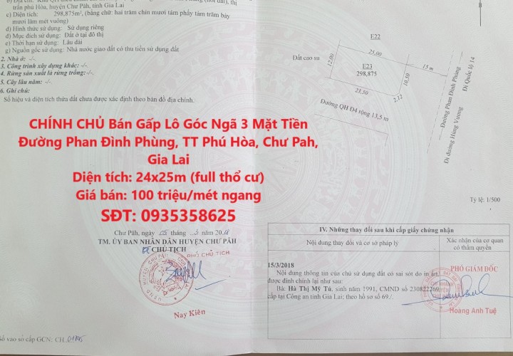 CHÍNH CHỦ Bán Gấp Lô Góc Ngã 3 Mặt Tiền Đường Phan Đình Phùng, TT Phú Hòa, Chư Pah, Gia Lai