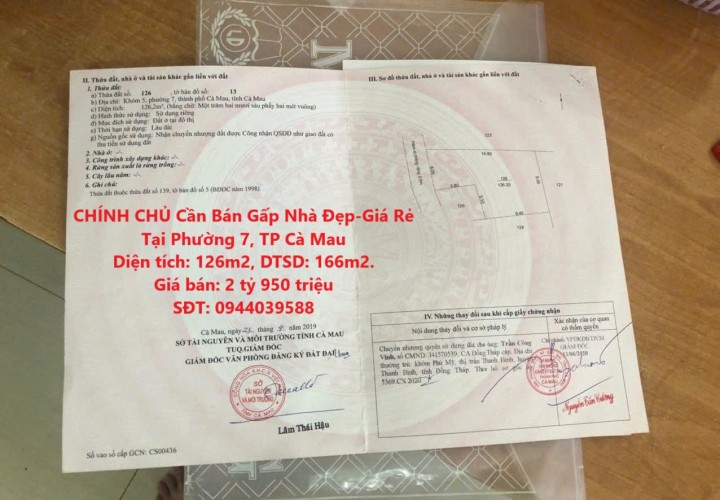 CHÍNH CHỦ Cần Bán Gấp Nhà Đẹp-Giá Rẻ Tại Phường 7, TP Cà Mau