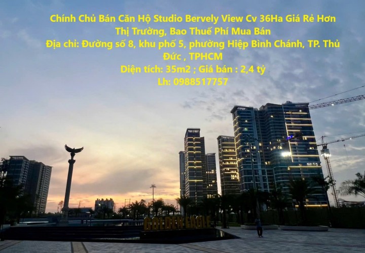 Chính Chủ Bán Căn Hộ Studio Bervely View Cv 36Ha Giá Rẻ Hơn Thị Trường, Bao Thuế Phí Mua Bán