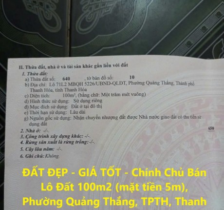 ĐẤT ĐẸP - GIÁ TỐT - Chính Chủ Bán Lô Đất 100m2 (mặt tiền 5m), Phường Quảng Thắng, TPTH, Thanh Hóa