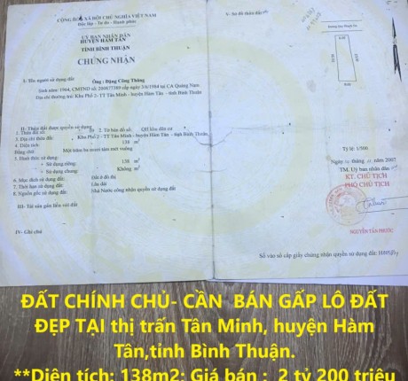 ĐẤT CHÍNH CHỦ- CẦN BÁN GẤP LÔ ĐẤT ĐẸP TẠI thị trấn Tân Minh, huyện Hàm Tân,tỉnh Bình Thuận.