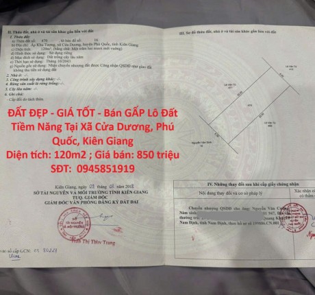 ĐẤT ĐẸP - GIÁ TỐT - Bán GẤP Lô Đất Tiềm Năng Tại Xã Cửa Dương, Phú Quốc, Kiên Giang