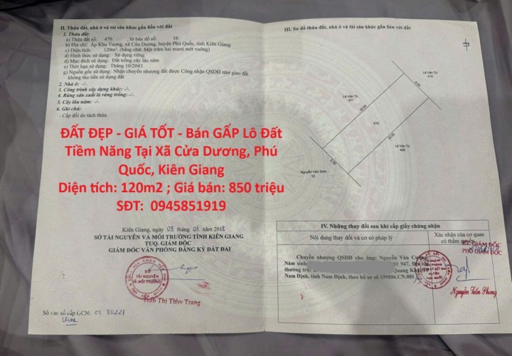 ĐẤT ĐẸP - GIÁ TỐT - Bán GẤP Lô Đất Tiềm Năng Tại Xã Cửa Dương, Phú Quốc, Kiên Giang