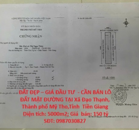 ĐẤT ĐẸP – GIÁ ĐẦU TƯ - CẦN BÁN LÔ ĐẤT MẶT ĐƯỜNG TẠI Xã Đạo Thạnh, Thành phố Mỹ Tho,Tỉnh Tiền Giang