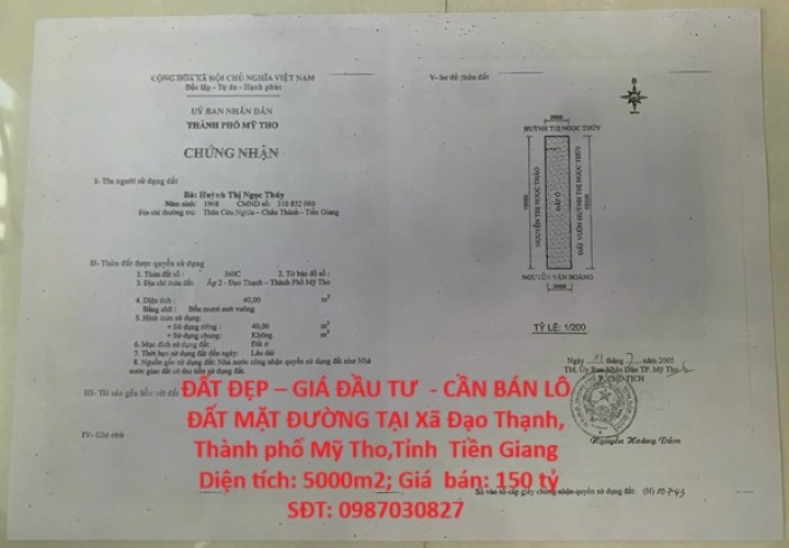 ĐẤT ĐẸP – GIÁ ĐẦU TƯ  - CẦN BÁN LÔ ĐẤT MẶT ĐƯỜNG TẠI Xã Đạo Thạnh, Thành phố Mỹ Tho,Tỉnh  Tiền Giang