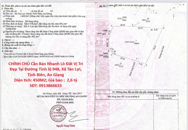 CHÍNH CHỦ Cần Bán Nhanh Lô Đất Vị Trí Đẹp Tại Đường Tỉnh lộ 948, Xã Tân Lợi, Tịnh Biên, An Giang