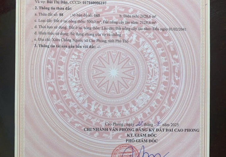 ĐẤT ĐẸP – GIÁ TỐT  – CHÍNH CHỦ CẦN BÁN TẠI Xóm Chằng Ngoài, Xã Cao Phong, Phú Thọ