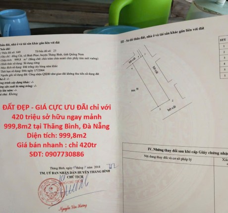 ĐẤT ĐẸP - GIÁ CỰC ƯU ĐÃI chỉ với 420 triệu sở hữu ngay mảnh 999,8m2 tại Thăng Bình, Đà Nẵng
