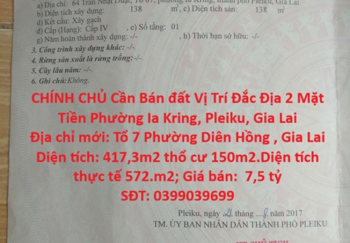 VỊ TRÍ ĐẸP - GIÁ TỐT -CHÍNH CHỦ Cần Bán đất Vị Trí Đắc Địa 2 Mặt Tiền Phường Ia Kring, Pleiku, Gia Lai