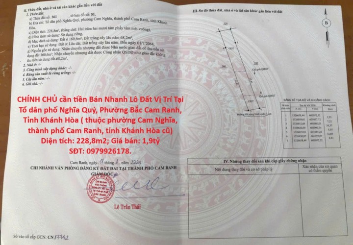 GIÁ TỐT - CHÍNH CHỦ cần tiền Bán Nhanh Lô Đất Vị Trí Tại Phường Bắc Cam Ranh, Tỉnh Khánh Hòa