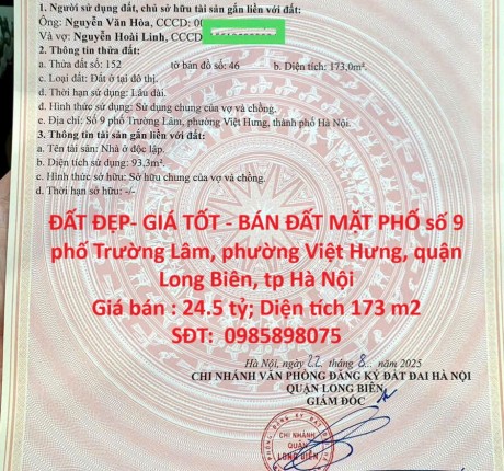 ĐẤT ĐẸP- GIÁ TỐT - BÁN ĐẤT MẶT PHỐ TRƯỜNG LÂM, Quận LONG BIÊN, tp HÀ NỘI