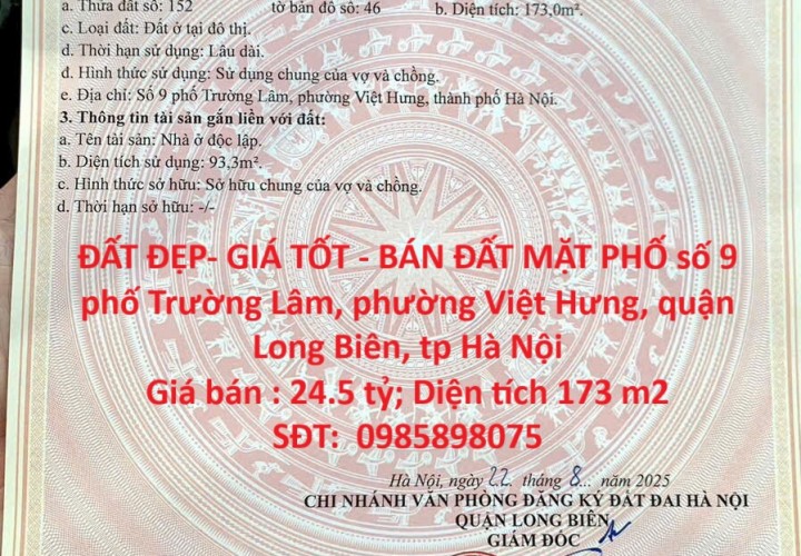 ĐẤT ĐẸP- GIÁ TỐT - BÁN ĐẤT MẶT PHỐ TRƯỜNG LÂM, Quận LONG BIÊN, tp HÀ NỘI