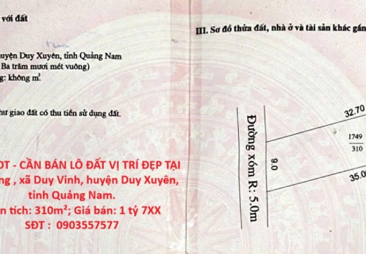 HOT HOT - CẦN BÁN LÔ ĐẤT VỊ TRÍ ĐẸP TẠI Trà Đông , xã Duy Vinh, huyện Duy Xuyên, tỉnh Quảng Nam.