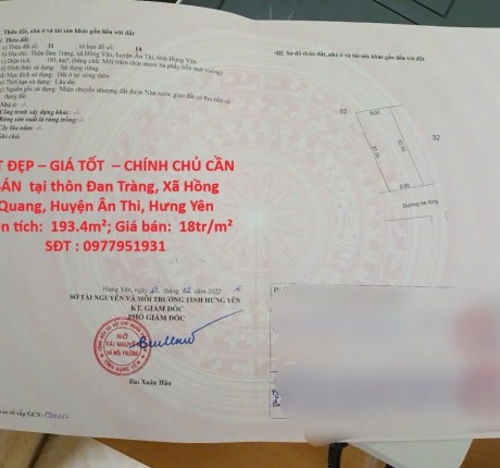 ĐẤT ĐẸP – GIÁ TỐT – CHÍNH CHỦ CẦN BÁN tại thôn Đan Tràng, Xã Hồng Quang, Huyện Ân Thi, Hưng Yên