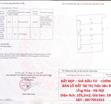 ĐẤT ĐẸP – GIÁ ĐẦU TƯ –CHÍNH CHỦ BÁN LÔ ĐẤT TẠI Thị Trấn Vân Đình - Ứng Hòa - Hà Nội