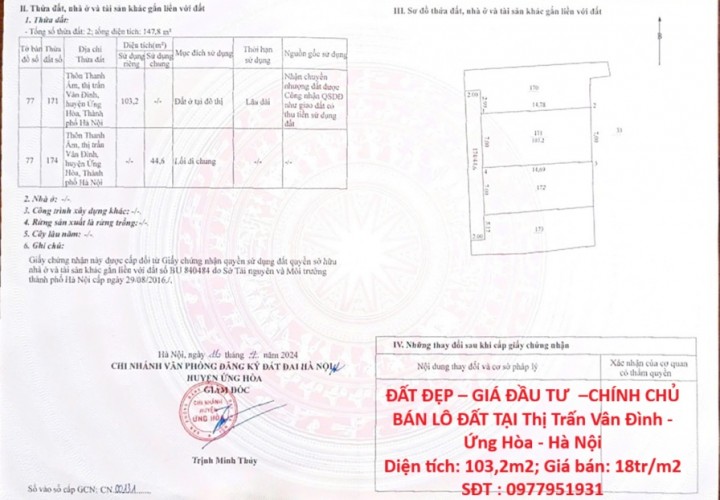 ĐẤT ĐẸP – GIÁ ĐẦU TƯ  –CHÍNH CHỦ BÁN LÔ ĐẤT TẠI Thị Trấn Vân Đình - Ứng Hòa - Hà Nội