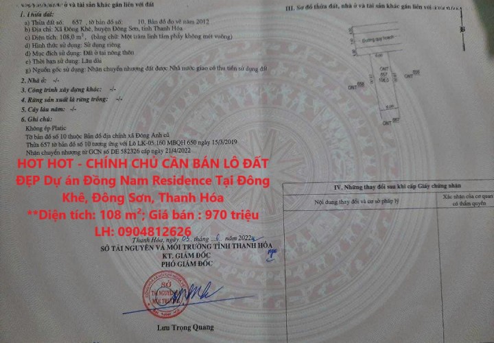 HOT HOT - CHÍNH CHỦ CẦN BÁN LÔ ĐẤT ĐẸP Dự án Đồng Nam Residence Tại Đông Khê, Đông Sơn, Thanh Hóa