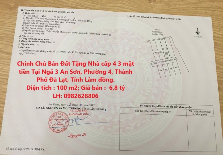 Chính Chủ Bán Đất Tặng Nhà cấp 4 3 mặt tiền Tại Phường 4, TP Đà Lạt, Tỉnh Lâm Đồng.