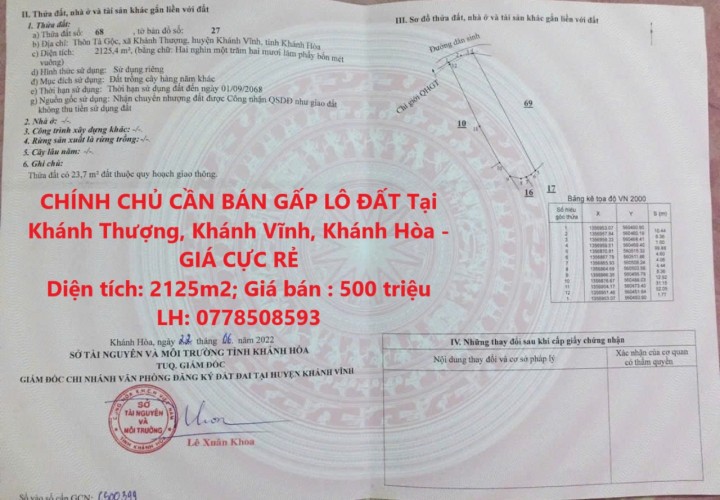 CHÍNH CHỦ CẦN BÁN GẤP LÔ ĐẤT Tại Khánh Thượng, Khánh Vĩnh, Khánh Hòa - GIÁ CỰC RẺ