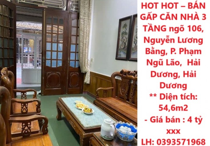 HOT HOT – BÁN GẤP CĂN NHÀ 3 TẦNG ngõ 106, Nguyễn Lương Bằng, P. Phạm Ngũ Lão,  Hải Dương, Hải Dương