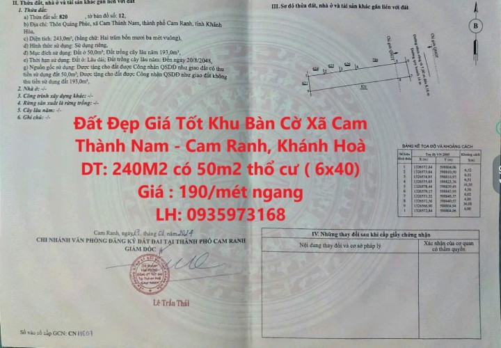 Đất Đẹp Giá Tốt Khu Bàn Cờ Xã Cam Thành Nam - Cam Ranh, Khánh Hoà