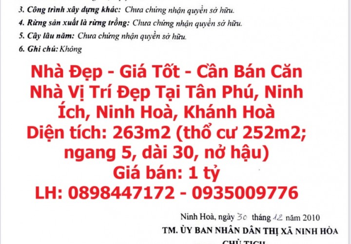 Nhà Đẹp - Giá Tốt - Cần Bán Căn Nhà Vị Trí Đẹp Tại Tân Phú, Ninh Ích, Ninh Hoà, Khánh Hoà