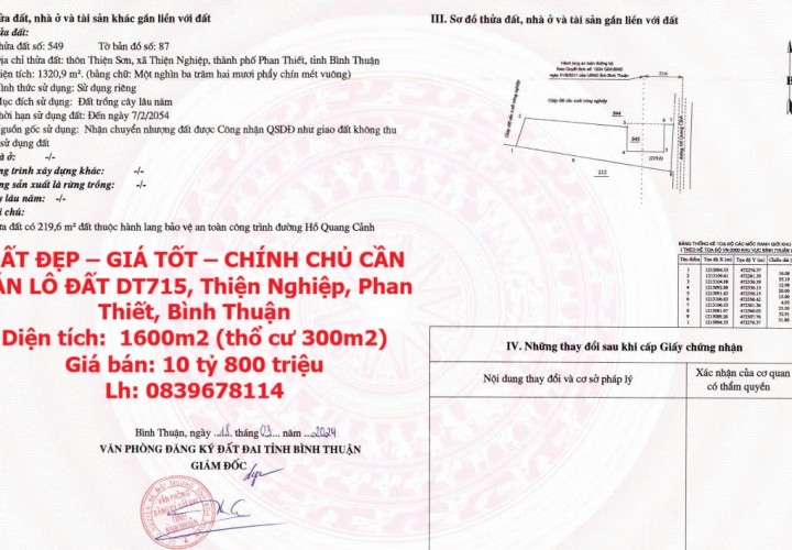 ĐẤT ĐẸP – GIÁ TỐT – CHÍNH CHỦ CẦN BÁN LÔ ĐẤT DT715, Thiện Nghiệp, Phan Thiết, Bình Thuận