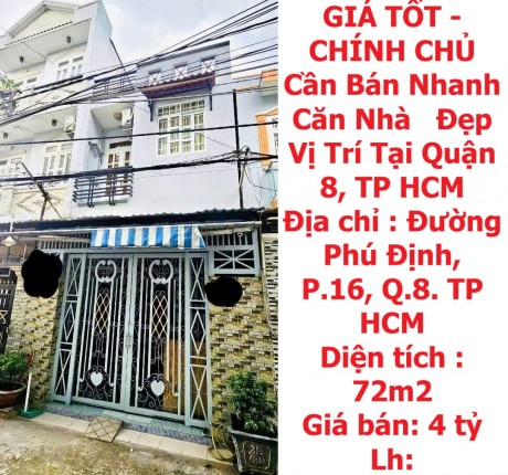 GIÁ TỐT - CHÍNH CHỦ Cần Bán Nhanh Căn Nhà Đẹp Vị Trí Tại Quận 8, TP HCM