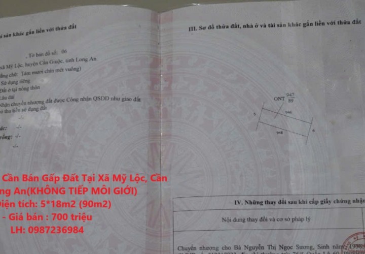 GẤP! Chính Chủ Cần Bán Gấp Đất Tại Xã Mỹ Lộc, Cần Giuộc, Long An(KHÔNG TIẾP MÔI GIỚI)