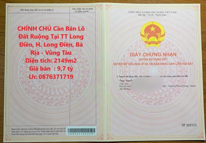 CHÍNH CHỦ Cần Bán Lô Đất Ruộng Tại TT Long Điền, H. Long Điền, Bà Rịa - Vũng Tàu