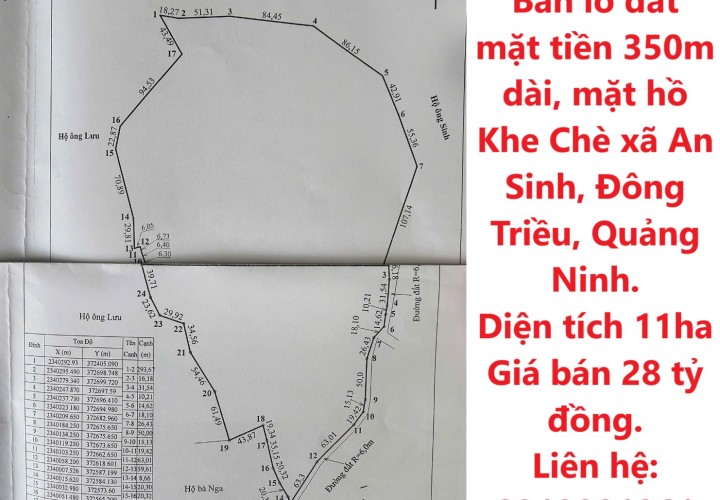 Bán lô đất mặt tiền 350m dài, mặt hồ Khe Chè xã An Sinh, Đông Triều, Quảng Ninh.