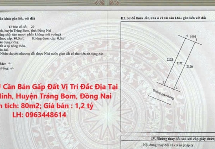 CHÍNH CHỦ Cần Bán Gấp Đất Vị Trí Đắc Địa Tại Xã Bình Minh, Huyện Trảng Bom, Đồng Nai