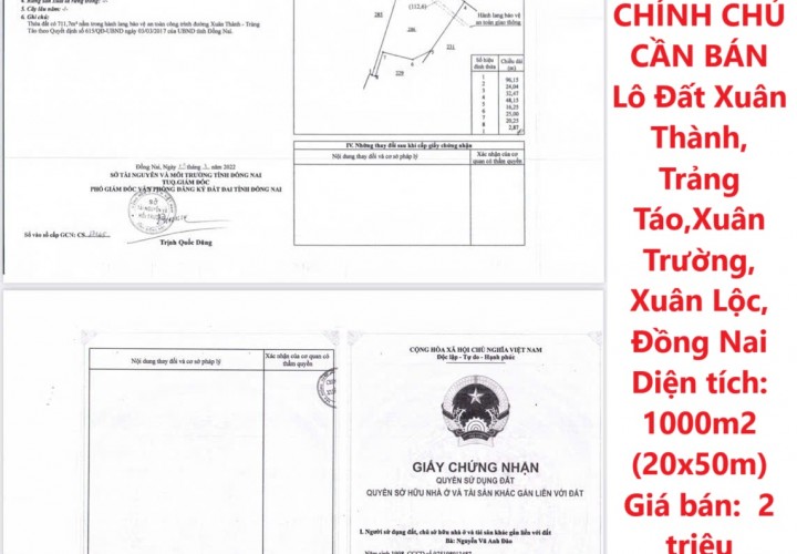 ĐẤT ĐẸP – GIÁ TỐT – CHÍNH CHỦ CẦN BÁN Lô Đất Xuân Thành, Trảng Táo,Xuân Trường, Xuân Lộc, Đồng Nai